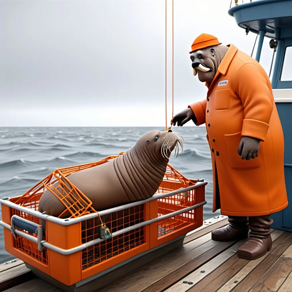 Prompt: A 3d cartoonish walrus standing on the deck of a fishing boat who wears an orange fisherman's coat is lowering empty square cages (cages for crab fishing) into the sea from from the side of a large orange fishing boat. Orange fishing boat.