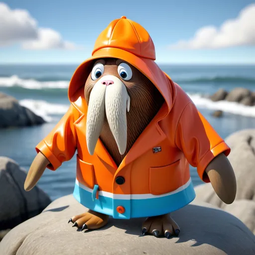 Prompt: A charming, slightly cartoonish 3D walrus, Wally, is looking out at the sea with determination. Wally the walrus wears a bright orange crab fisherman raincoat that’s slightly too big for him, and a matching sou’wester hat. His little whiskers twitch.

A wide, panoramic view of a bright blue, slightly choppy sea. The sun is a warm yellow, and the sky is dotted with fluffy white clouds. In the distance, jagged, rocky islands jut from the water
