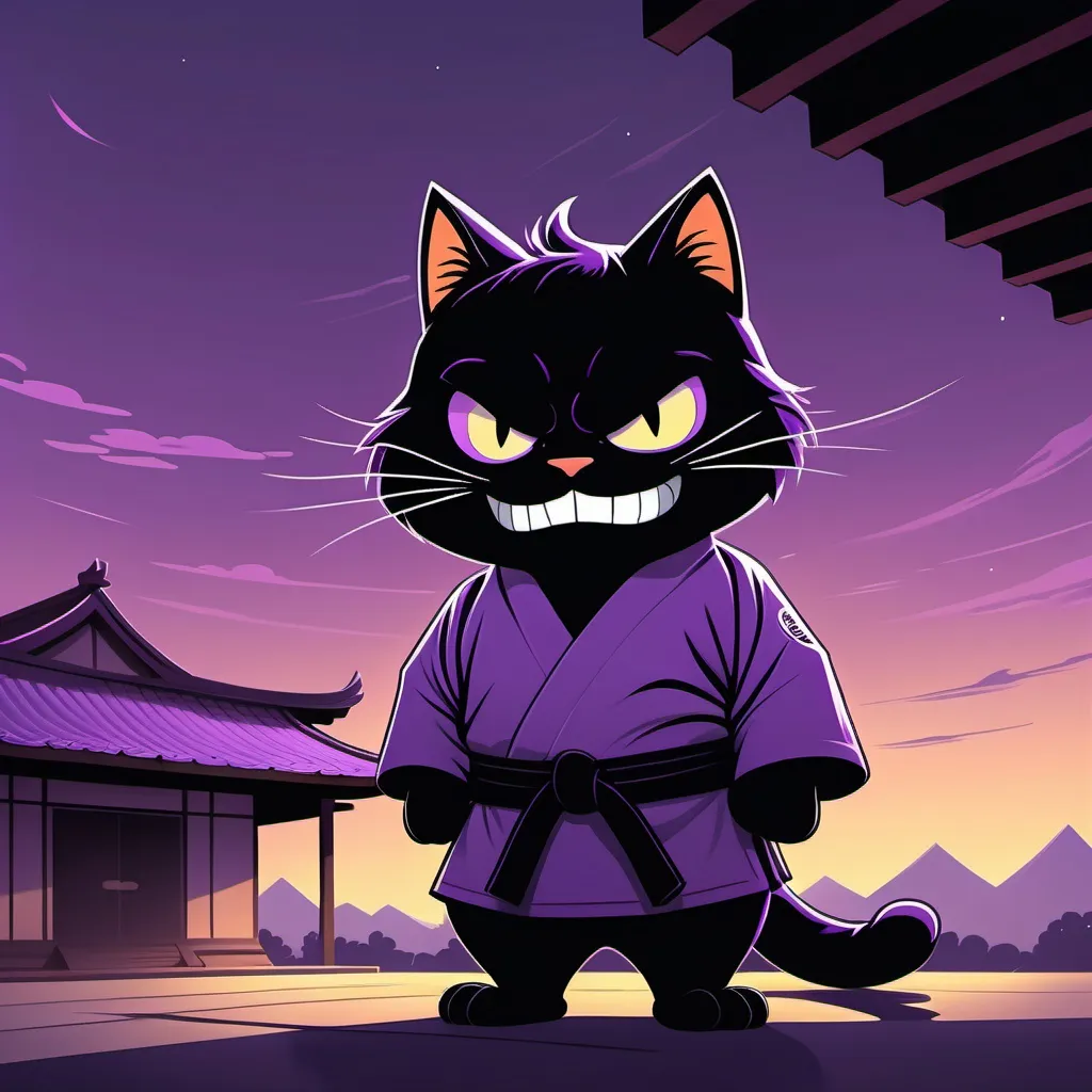 Prompt: Cartoon illustration. A shadowy figure with sharp teeth and glowing eyes peeks around the side of the dojo. The sky above is now a darker, purple color, hinting at a bit of drama. PuuPuu Cat the Garfield-looking martial arts cat is looking at the shadow from the inside of the Dojo with a thoughtful look on his face.
