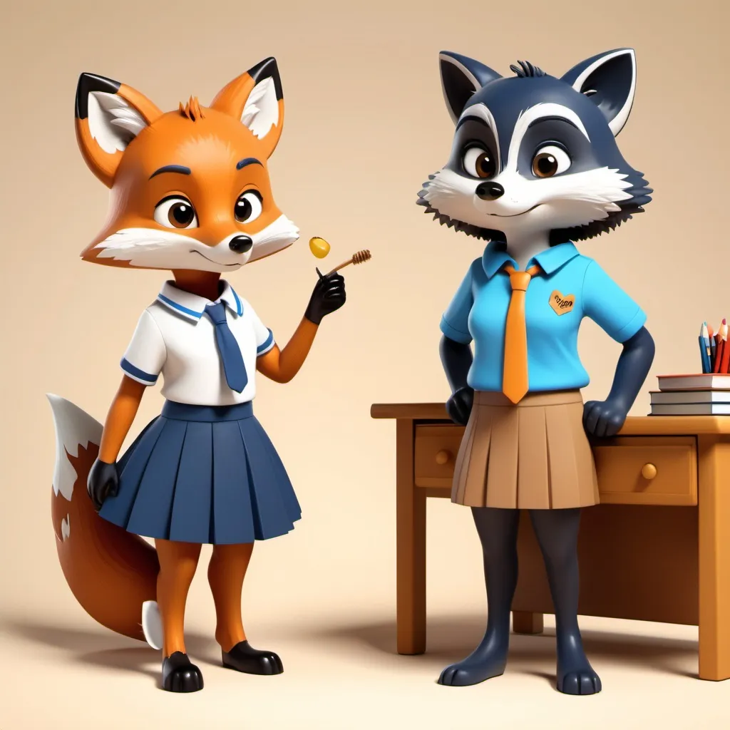 Prompt: 3d cartoon: A cute, bright-eyed fox wearing a girls school uniform is approaching a desk where a cute honey badget wearing a blue collar shirt and brown kakhi pants, the fox shows the honey badger her drawing.
