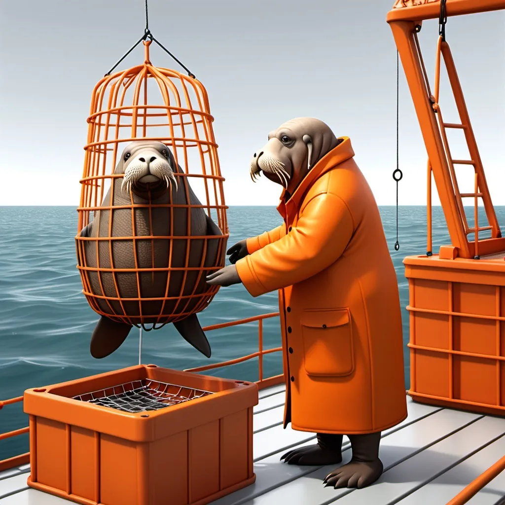 Prompt: A 3d cartoonish walrus standing on the deck of a fishing boat who wears an orange fisherman's coat is lowering empty square cages (cages for crab fishing) into the sea from from the side of a large orange fishing boat. Orange fishing boat.