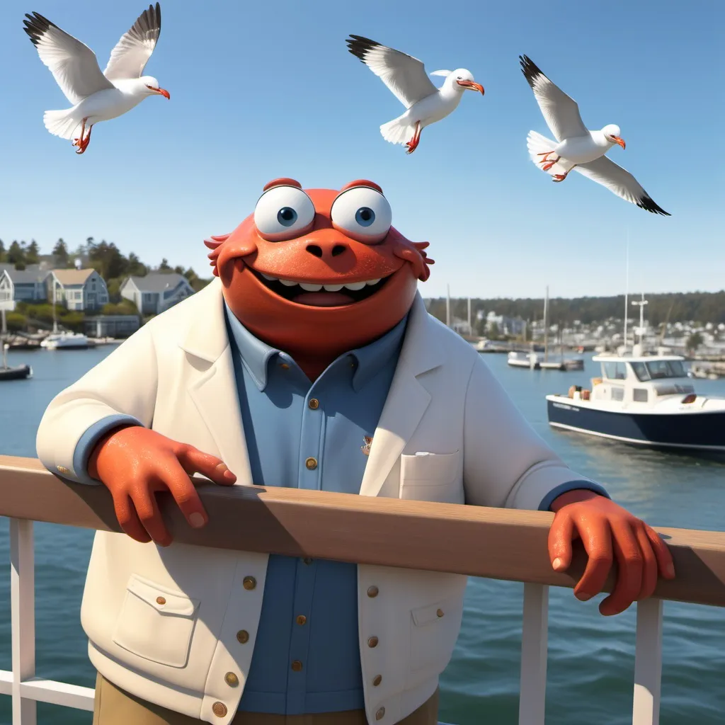 Prompt: The "Crabby Cruiser" is chugging back towards the harbor, the sun is now higher in the sky and a little brighter. Wally smiles happily, leaning on the railing, a few seagulls flying overhead.