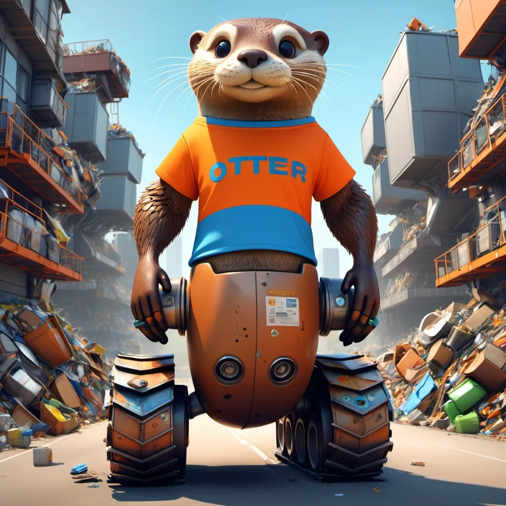 Prompt: 3d cartoon brown otter wearing an orange shirt and blue shorts riding on the shoulder of a giant robot made of recycled garbage
