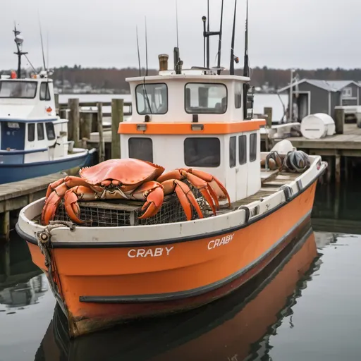 Prompt: A close-up of a sturdy fishing boat bobbing gently at a small dock. The boat is called the "Crabby Cruiser" and it's a little worn but well-maintained. Crates and fishing gear are stacked neatly. Slightly cartoonish Walrus in an orange crab fisherman coat is on the deck, checking a stack of orange crab cages.)




