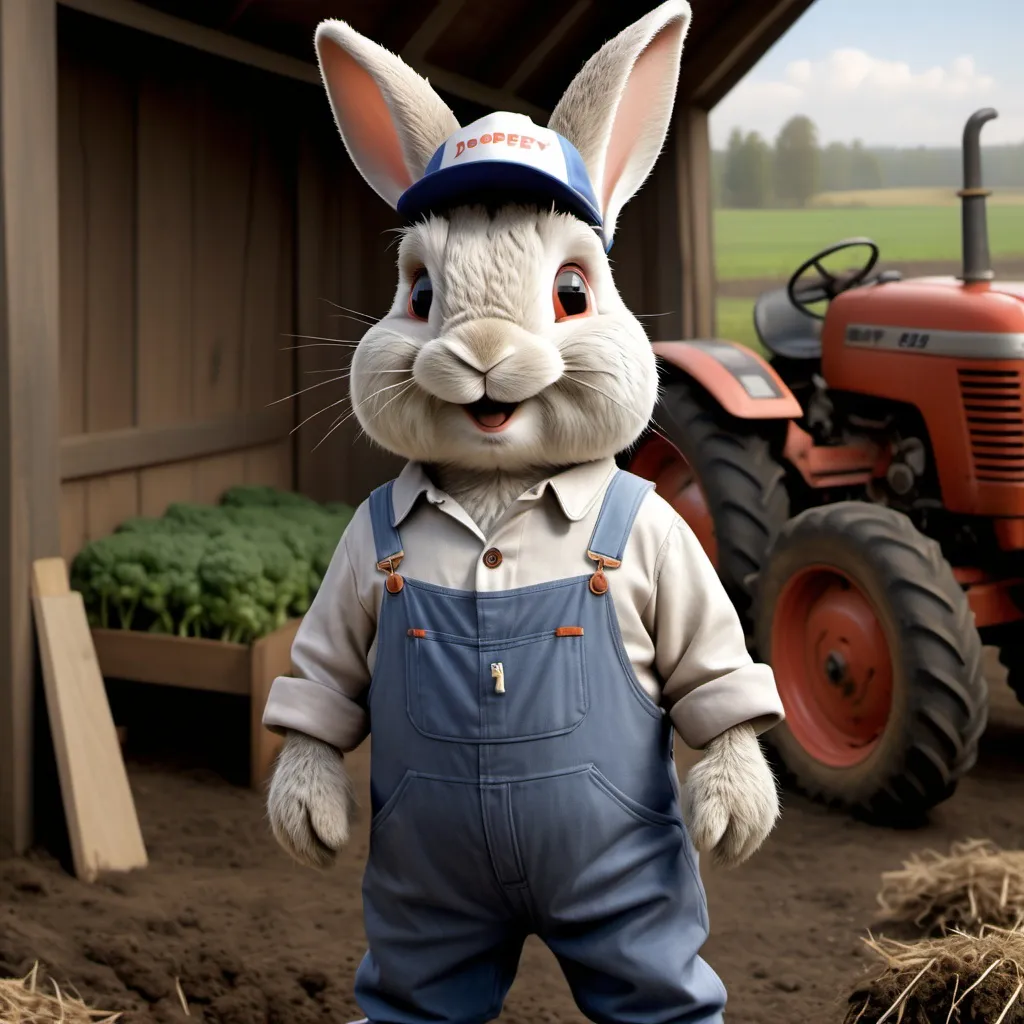 Prompt: photorealistic image of a rabbit wearing coveralls and a farmer's hat looking dopey