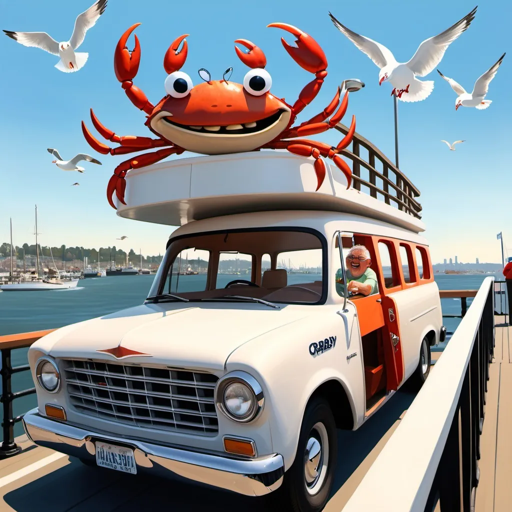 Prompt: The "Crabby Cruiser" is chugging back towards the harbor, the sun is now higher in the sky and a little brighter. Wally smiles happily, leaning on the railing, a few seagulls flying overhead.