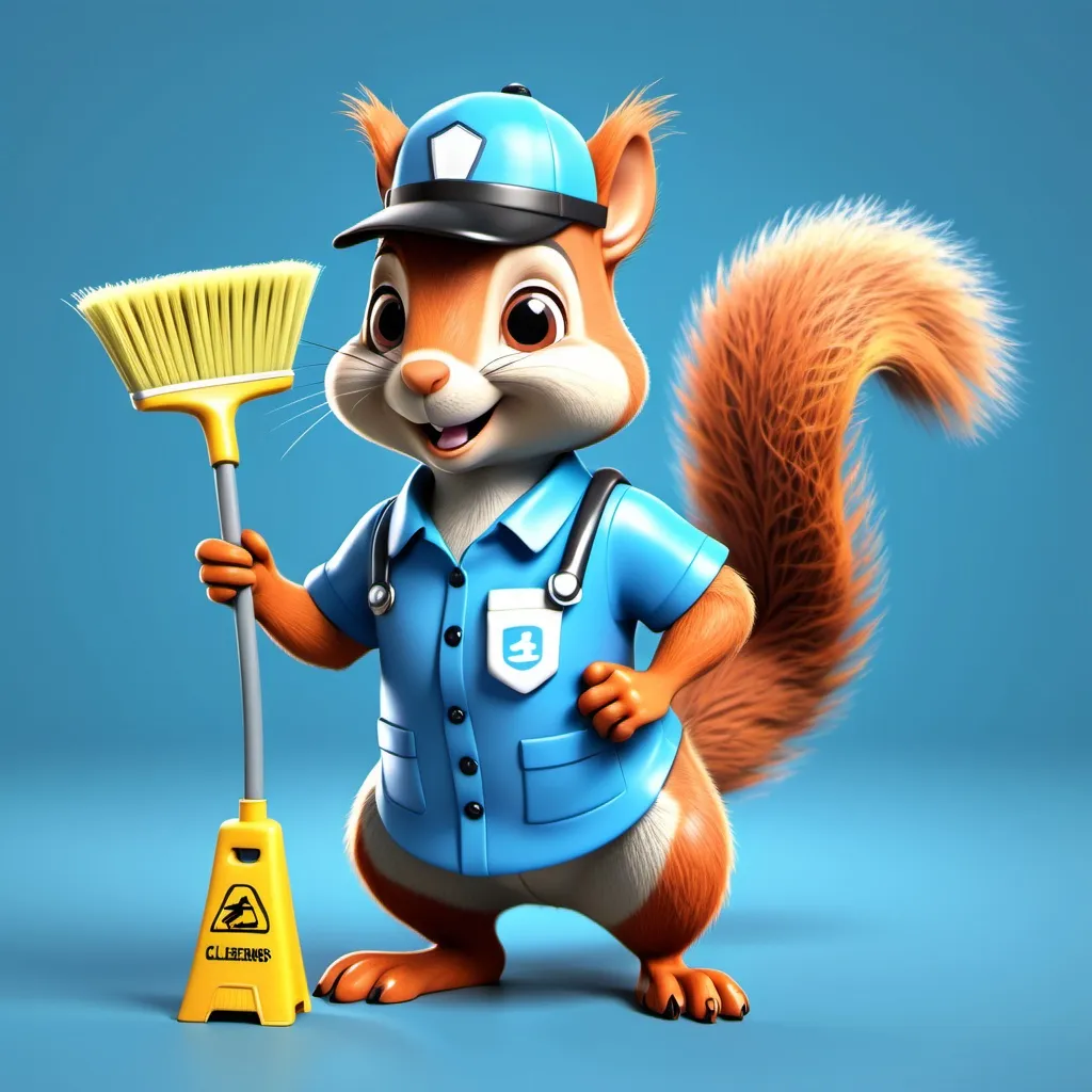 Prompt: A bright, cheerful 3D cartoon-style image of a squirrel wearing a blue janitor cleaners uniform