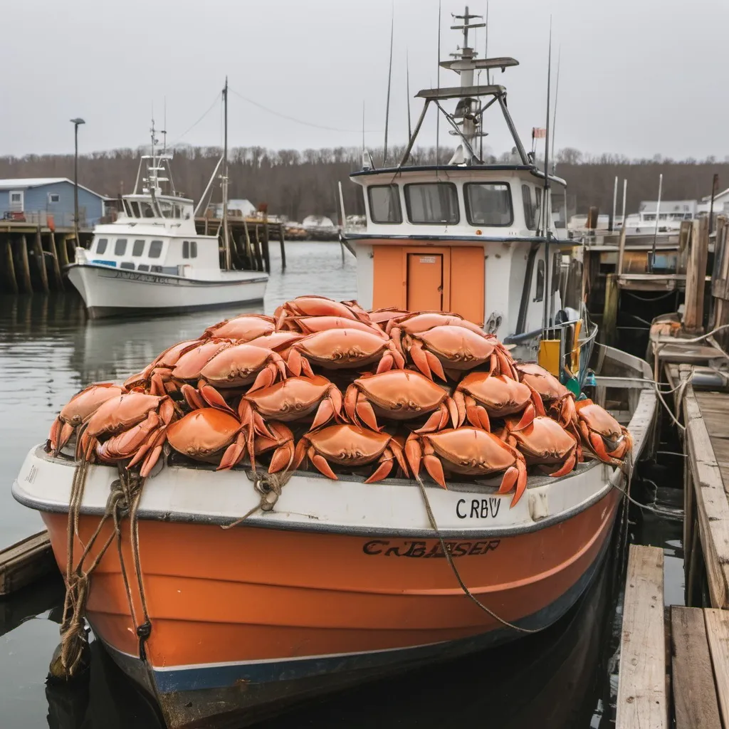 Prompt: A close-up of a sturdy fishing boat bobbing gently at a small dock. The boat is called the "Crabby Cruiser" and it's a little worn but well-maintained. Crates and fishing gear are stacked neatly. Slightly cartoonish Walrus in an orange crab fisherman coat is on the deck, checking a stack of orange crab cages.)




