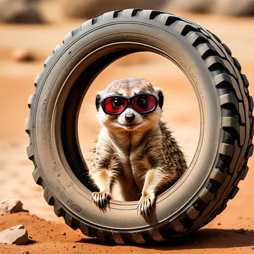 Prompt: A small, earnest-looking Meerkat, named Monty, is wearing oversized goggles and is trying to lift a heavy tire, struggling mightily. His face is red, and the tire looks twice his size. A couple of other meerkats are giggling in the background.

