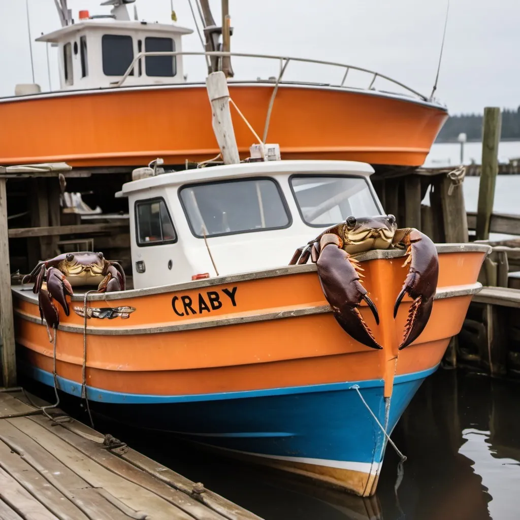 Prompt: A close-up of a sturdy fishing boat bobbing gently at a small dock. The boat is called the "Crabby Cruiser" and it's a little worn but well-maintained. Crates and fishing gear are stacked neatly. Slightly cartoonish Walrus in an orange crab fisherman coat is on the deck, checking a stack of orange crab cages.)




