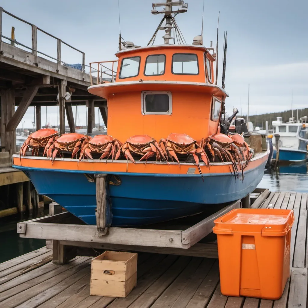 Prompt: A close-up of a sturdy fishing boat bobbing gently at a small dock. The boat is called the "Crabby Cruiser" and it's a little worn but well-maintained. Crates and fishing gear are stacked neatly. Slightly cartoonish Walrus in an orange crab fisherman coat is on the deck, checking a stack of orange crab cages.)




