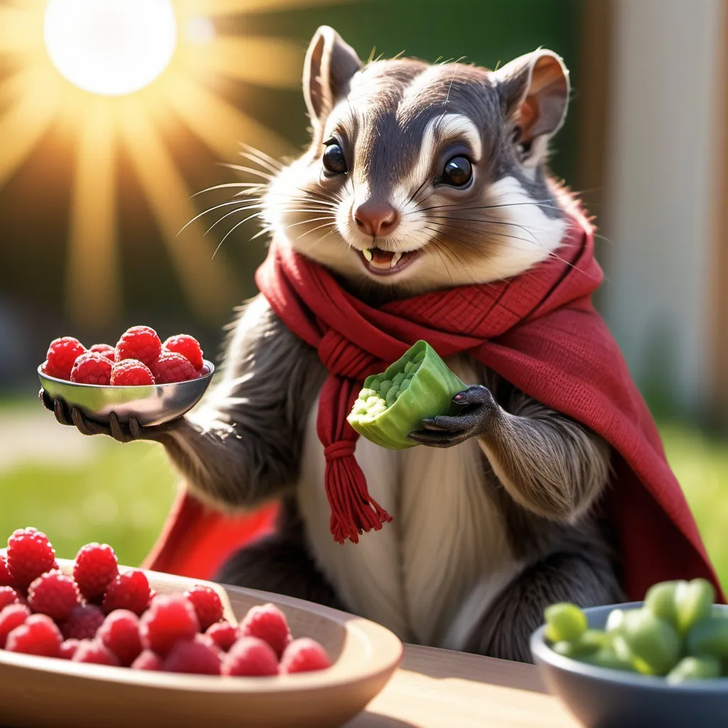 Prompt: photorealistic image of a flying squirrel wearing a red ninja scarf and green food delivery talking with badger. Handing the raspberries to a Badger. Badger is holding the bowl out to receive them. The sun is shining and everything feels cheerful and inviting.