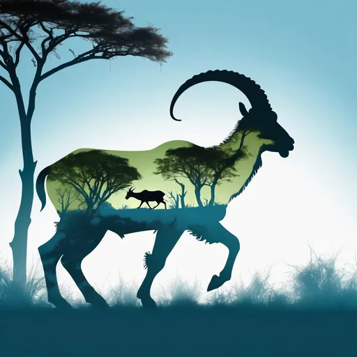 Prompt: Create a double-exposure digital image that captures the silhouette of a Nubian ibex walking across the savanna on a bright sunny day with a beautiful light blue sky. Let the dark outlines of the lion be filled with lush green foliage, with the trees and branches giving the impression of a serene forest. The ibex walks across the savanna, and every detail of its movement evokes calm and serenity. Use a pale, hazy sky background to enhance the sanctity of the scene. The textures used for the foliage within the ibex silhouette should be natural and earthy. Make sure the overall aesthetic has a warm, soft tone that emphasizes the vibrant spirit of nature and wildlife.