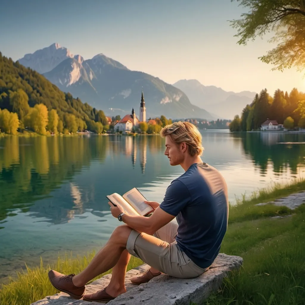 Prompt: Nico Rosberg reads a book by lake Bled