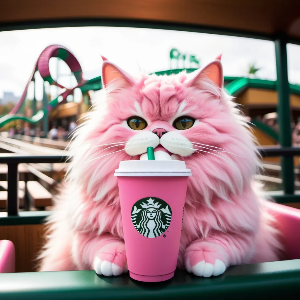 Prompt: an extra extra fluffy pink
 cat drinking Starbucks on a roller coaster

more fluffy




