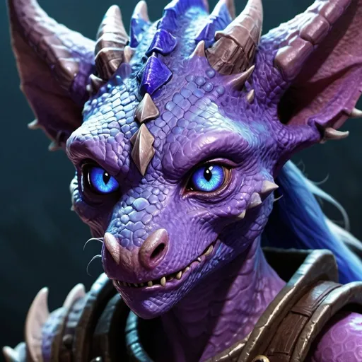 Prompt: Headshot of a Dungeons and Dragons female kobold, detailed purple scales, intense blue human eyes, two nub horns, highly detailed, best quality, fantasy, reptilian features, detailed scales, professional lighting, animated, intense gaze, fantasy art, detailed eyes, animated style, blue and purple tones