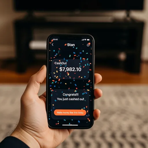 Prompt: A hand holds a smartphone displaying an excited message celebrating a cashout of $7,982.10, accentuated by colorful confetti animations across the screen. The phone's screen reveals an app interface labeled "Stan," emphasizing a successful transaction with a bright "Congrats!!! You just cashed out" note. The background features a textured surface, possibly a carpet or mat, and hints of a dark television screen behind, suggesting an indoor setting. The lighting appears warm and inviting, enhancing the celebratory mood of the achievement. This scene encapsulates a moment of financial success and joy, inviting viewers to share in the excitement make money like this today