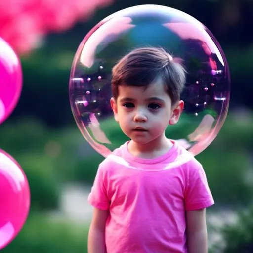 Prompt: Bubble boy  dreaming to go out  with pink color


