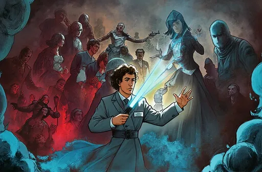 Prompt: @nO3jk18OlLlAjn89MQnU  is Jedi/lds warriors fighting against the Sith which are the synagogue of Satan> Style:Bold, retro-inspired illustration with vibrant colors, strong contrast, clean expressive linework, cinematic lighting. Inspired by vintage sci-fi posters and graphic novels. Not photorealistic.> Scene:Jedi-inspired covenant warriors representing missionaries of Jesus Christ wear flowing Jedi-style robes with small missionary name plaques. They stand in light, calm and resolute.Opposing them are Sith-like figures representing organized evil and deception — faceless, inhuman, symbolic only — wearing dark military-style armor with hoods.The scene represents spiritual warfare: light overcoming darkness.> Mood & Composition:Epic, reverent, symbolic. Low-angle heroic view. High detail, dramatic lighting, vibrant blues, golds, whites versus deep reds and blacks.> Avoid:Photorealism, real-world religious groups, real people, modern photography look, anime.