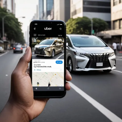 Prompt: Create a social media uber app launch post where the background image is a photorealistic image of an urban scene where a person standing on the road, holding an iPhone with the Uber app visible on the screen. A vehicle that is sleek, black 7-seater Toyota Alphard, is waiting on the road