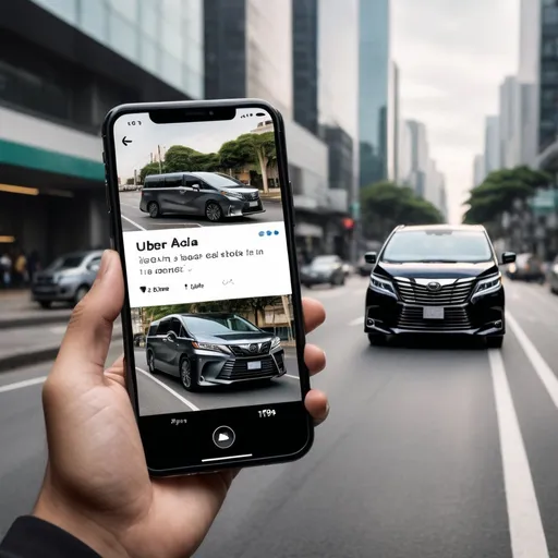 Prompt: Create a social media uber app launch post where the background image is a photorealistic image of an urban scene where a person standing on the road, holding an iPhone with the Uber app visible on the screen. A vehicle that is sleek, black 7-seater Toyota Alphard, is waiting on the road