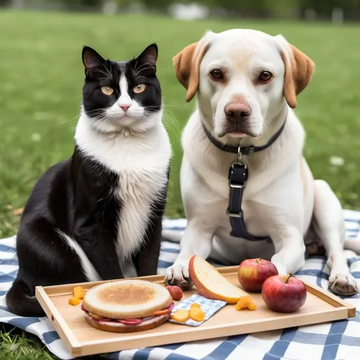 Prompt: CAT HANGING WITH DOG picnic