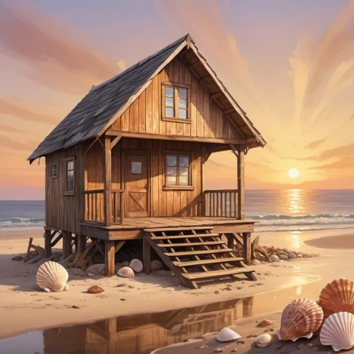 Prompt: Seaside shack at sunset, golden hour lighting, rustic wooden structure, seashells, warm tones, coastal scenery, serene atmosphere, sunset glow, detailed texture, high quality, digital painting, warm color palette, tranquil