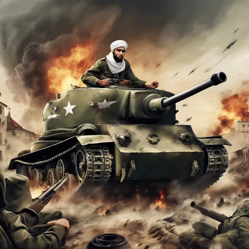 Prompt: Create an illustration of a Muslim soldier, dressed in a traditional habib, confidently standing atop a World War II German tank during a Blitzkrieg attack. The scene is dynamic, showcasing the chaos of battle with dramatic skies, explosions in the background, and a sense of movement. The soldier should be portrayed heroically, embodying bravery amidst the tumult of war.