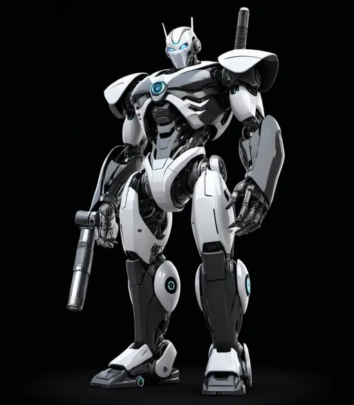 Prompt: A superhero robot similar to anime robot. Make it a whole body shot. Colors are black, gray, and white. Make it super cool-looking and cyberpunk inspired and villainy