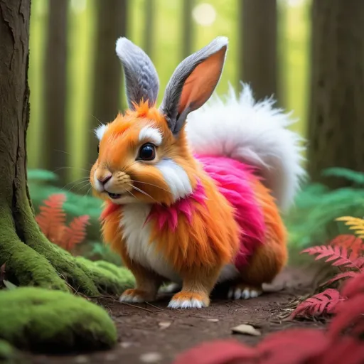 Prompt: a fluffy creature that looks like both squerrel and a rabbit roaming in a vibrant forrest