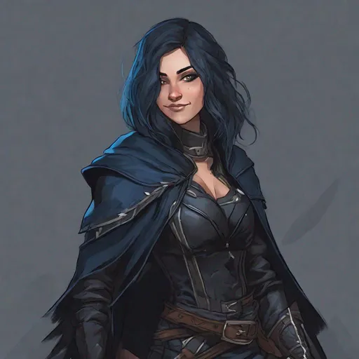 Prompt: dnd a human woman rogue. Her hair is black and cut very short on one side but grows out long on the other side. the long hair has blue streaks in it. She is wearing black leather armor and a black cloak. She smiles mischievously.