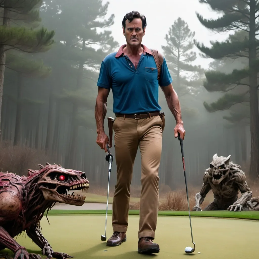 Prompt: Ash Williams Evil dead playing golf with cryptids