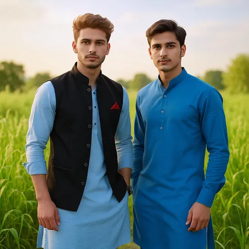 Prompt: Two young men stand confidently in a field, surrounded by lush green grass and plants under a clear sky. The first individual wears a light blue shalwar kameez adorned with a stylish black vest embellished with buttons and a hint of red on the pocket, while the second is dressed entirely in a vibrant blue outfit that matches the serenity of the environment. Their expressions are determined and poised, reflecting a sense of camaraderie. The sunlight casts a gentle glow, highlighting their features against the backdrop of nature, creating an inviting and warm atmosphere that embodies youthful spirit and friendship.