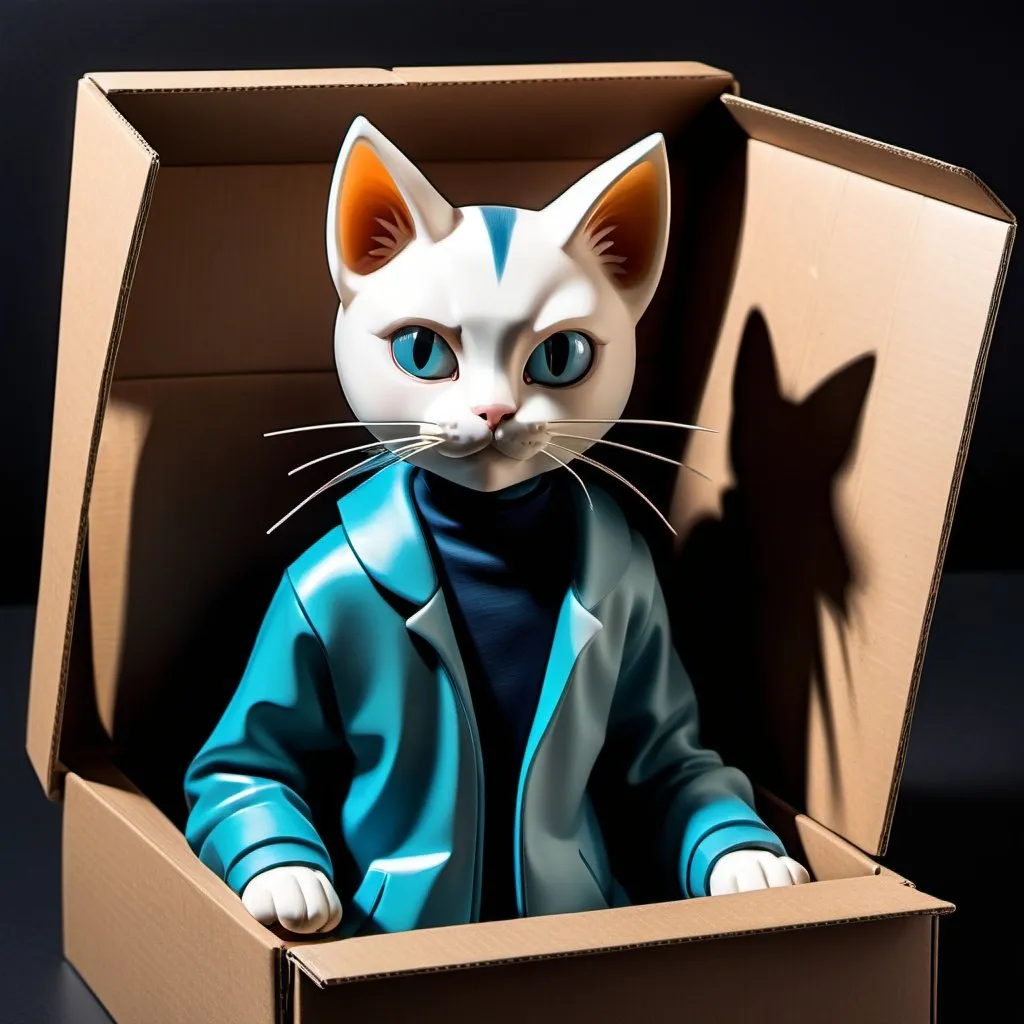 Prompt: a boy/cat in a box art box of amugus

