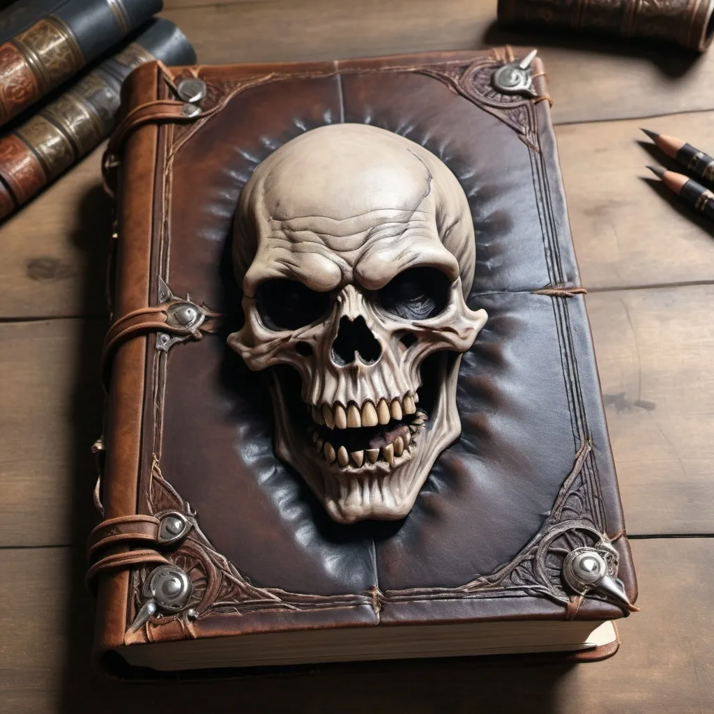 Prompt: hyper-realistic old leather book of Grim, fantasy character art, illustration, dnd