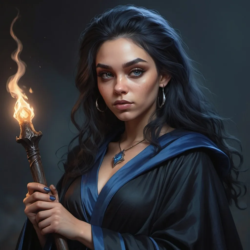 Prompt: hyper-realistic dark witch in her 20's. Black and blue robes.  Light skin, Powerful dark staff illustration, dnd, warm tone