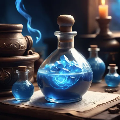 Prompt: hyper-realistic large potion of ultimate Magic, large blue potion, fantasy character art, illustration, dnd, warm tone