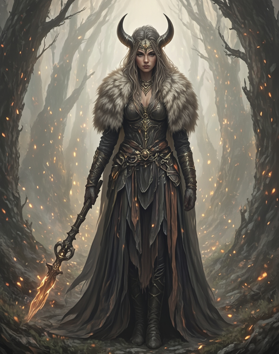 Prompt: full body shot front view of Fantasy art style Tall viking woman, lightly clothed in soft fur magical energy flowing around her. She is holding a magical staff face to viewer, background is a suitable beautiful scene