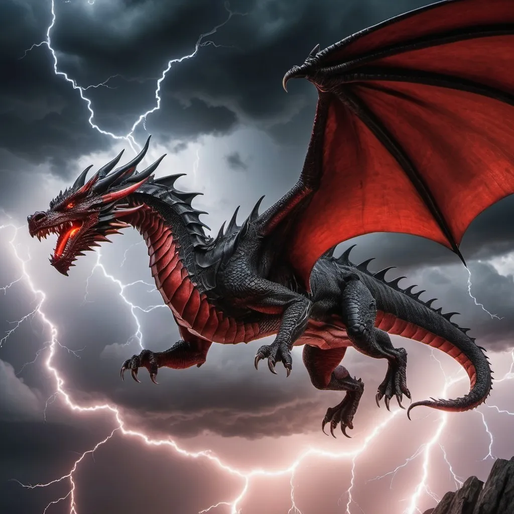 Prompt: Hyper-realistic red and black dragon flying through a lightning storm 