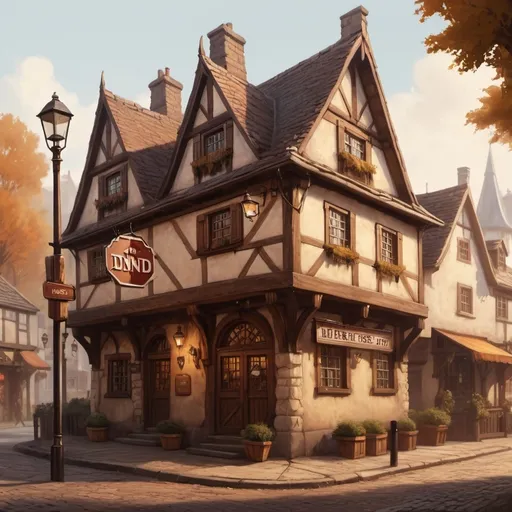 Prompt: hyper-realistic, inn with a hanging street sign, illustration, dnd, warm tone