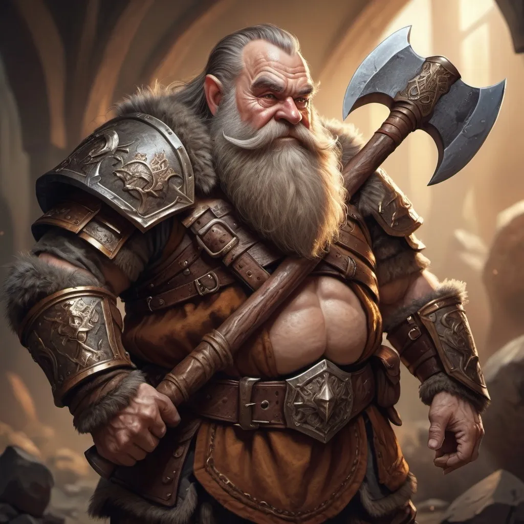 Prompt: hyper-realistic old human dwarf, holding a huge axe, fancy armor, fantasy character art, illustration, dnd, warm tone