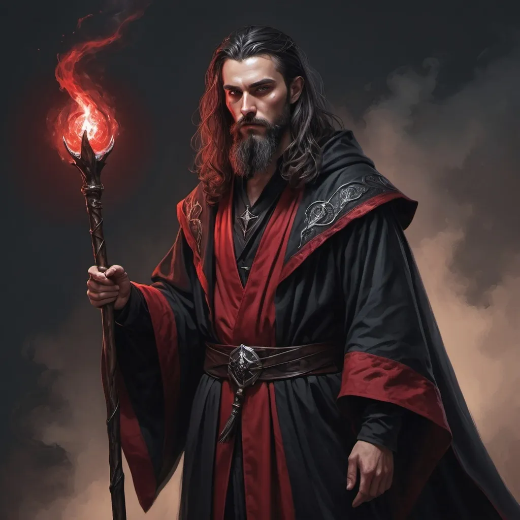 Prompt: hyper-realistic dark wizard in his 20's. Black and red robes. Powerful dark staff illustration, dnd, warm tone