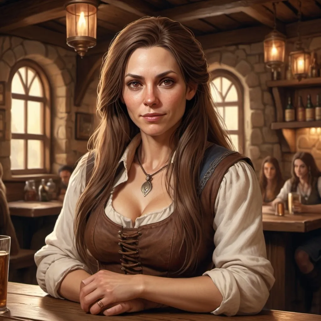 Prompt: hyper-realistic tavern owner, long brown hair, woman about 40 years old fantasy character art, illustration, dnd, warm tone