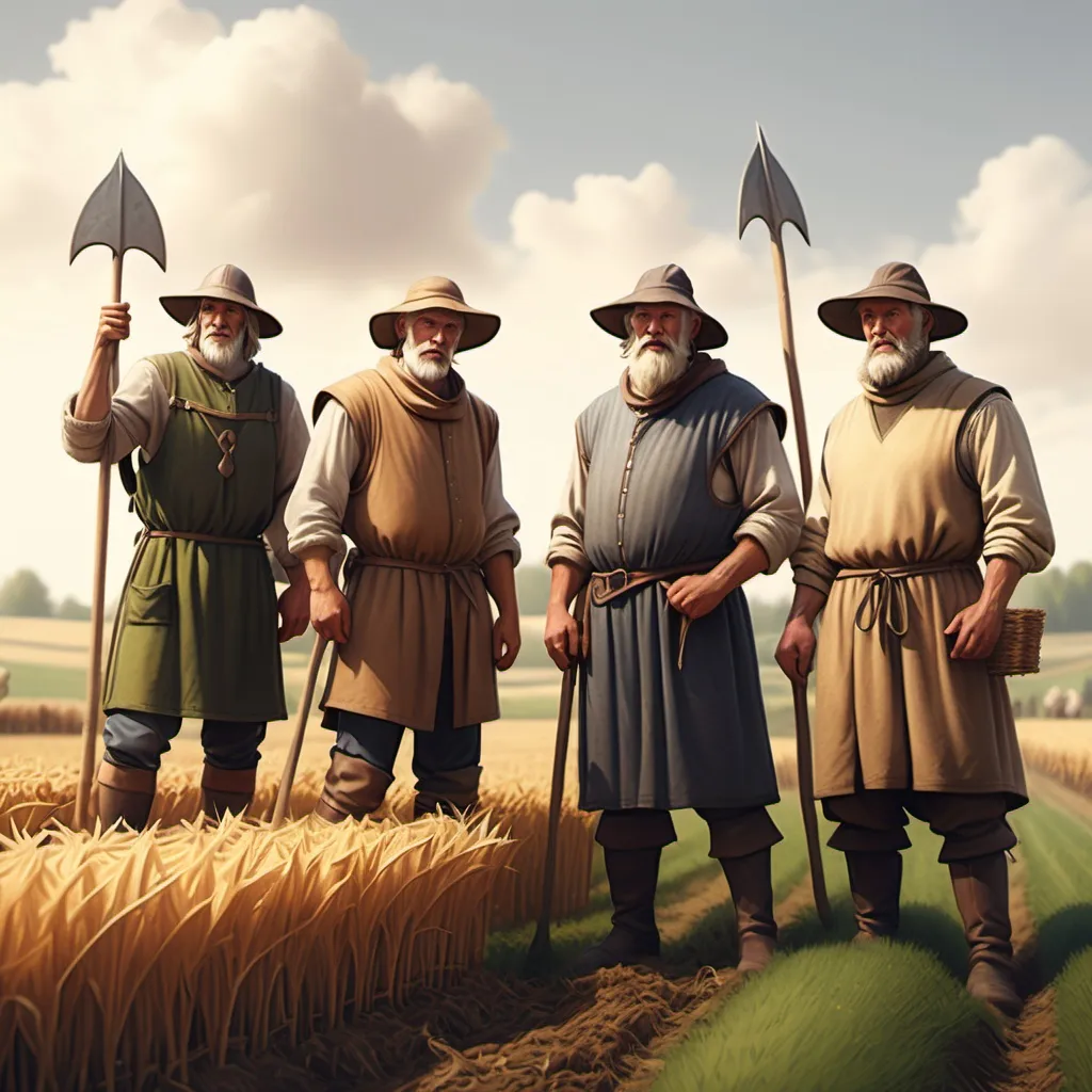 Prompt: hyper-realistic group of medieval farmers working a field, fantasy character art, illustration, dnd, warm tone