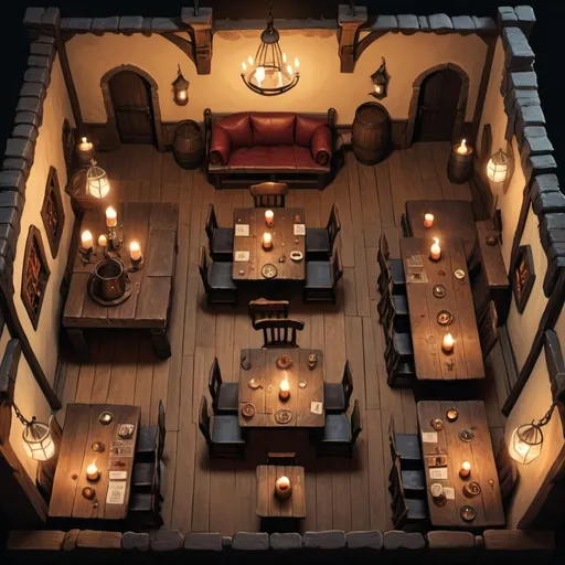 Prompt: Top down view of the interior of a medieval Inn with at least 10 tables and a bar, fantasy art, dnd, candle lighting, nice fireplace 