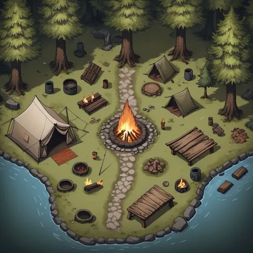 Prompt: A top-down map of a forest campsite with multiple tents surrounding a large firepit, near a river 2d dnd battlemap, highly details, 8k