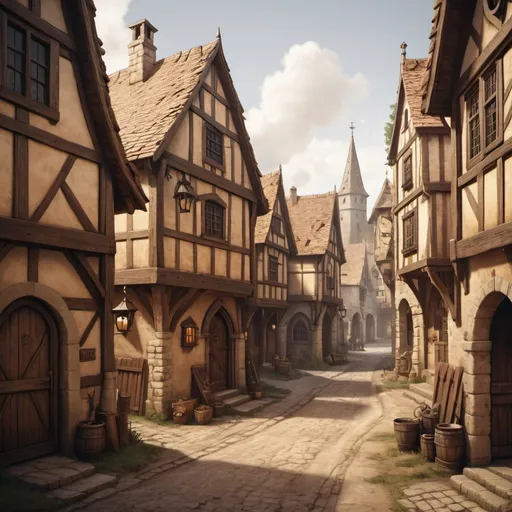 Prompt: hyper-realistic medieval town with dirt streets and small homes, fantasy character art, illustration, dnd, warm tone