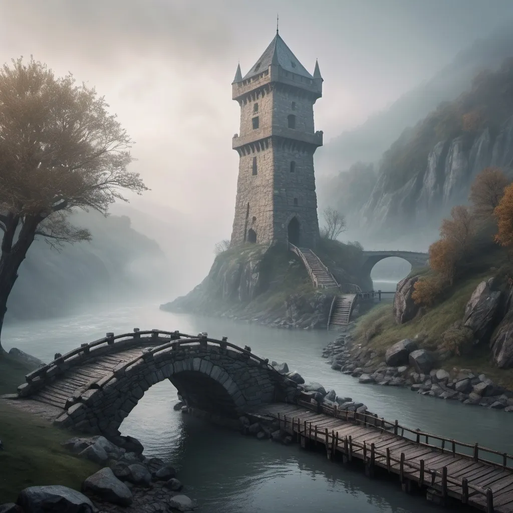 Prompt: Large stone tower, foggy, bridge and river, dramatic fantasy settlement scene, cinematic lighting