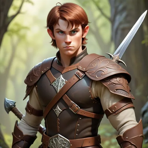 Prompt: 20 to 23 years old muscle bound warrior in fancy leather armor with short brown hair. He holds a large elvish sword.