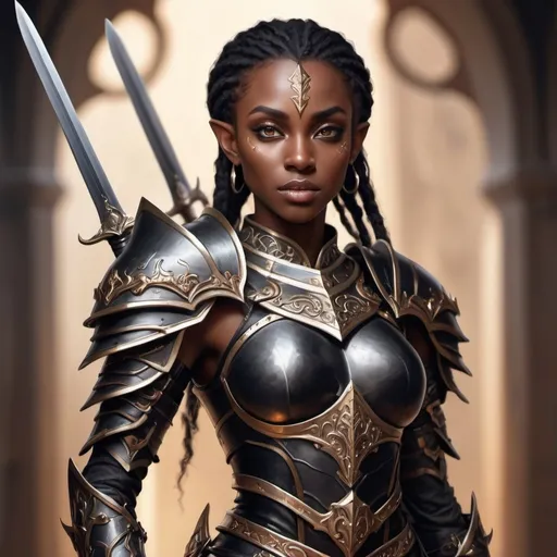 Prompt: hyper-realistic black elf warrior princess who wears fancy open armor with a fancy curved sword. fantasy character art, illustration, dnd, warm tone